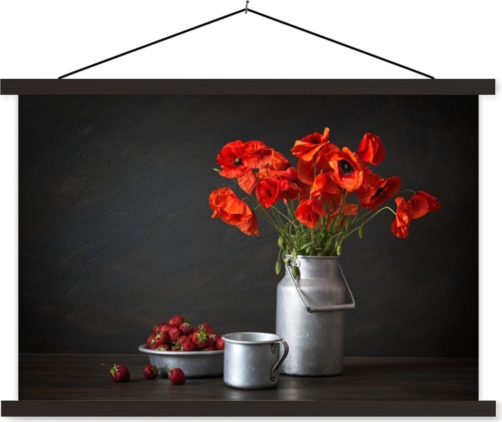 MuchoWow Textilposter Stilleben - Mohnblumen - Milchkännchen 90x60 cm mit schwarzem Rahmen - Aufhängungssatz