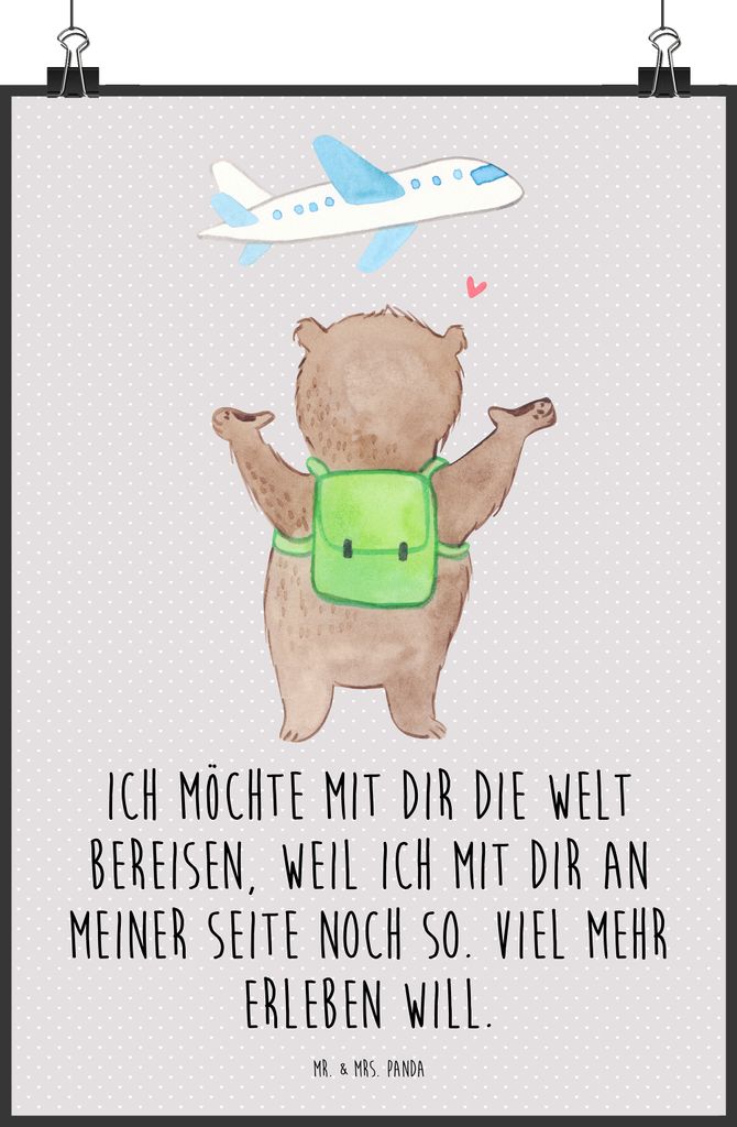 Mr. & Mrs. Panda Bild Bär Flugzeug DIN A0 - Grau Pastell - Geschenk, Wandschmuck, Jahrestag, Wandbild, Valentinstag, Hochzeitstag, Freundin, druck...