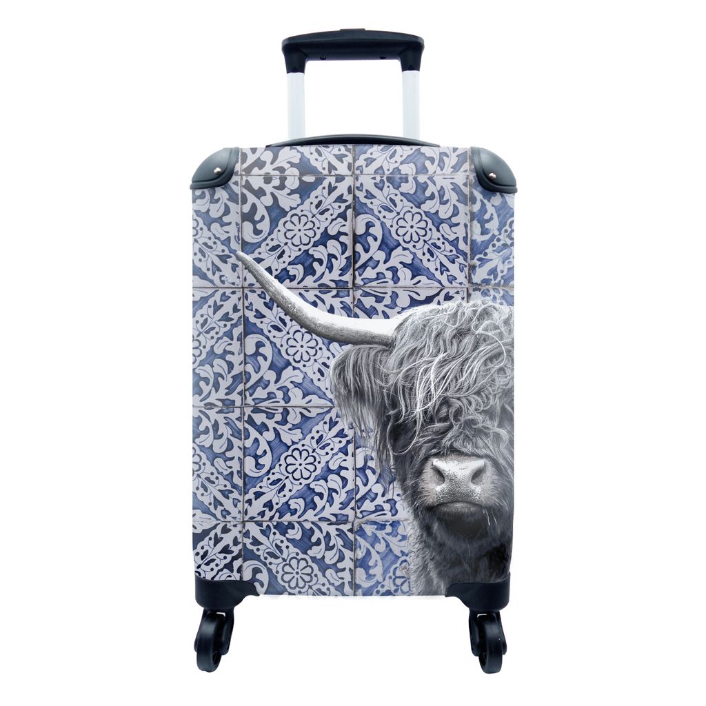 MuchoWow Koffer Handgepäck Trolley Rollkoffer Kleine Reisekoffer mit 4 Rollen - Schottischer Highlander - Delfter Blau - Schwarz - Weiß - Cabin...