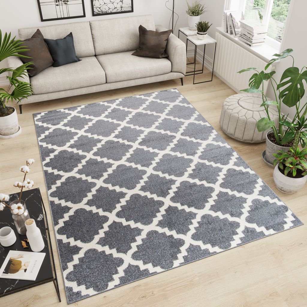 Teppich Wohnzimmer Schlafzimmer Kurzflor Modern Design Geometrisch Diamant Karo Gitter Grau Creme Küche Flur 200 x 290 cm