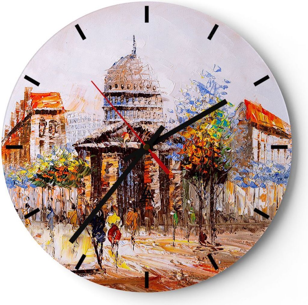 Wanduhr - Rund - Glasuhr - Farbe Architektur Eiffle Turm - 40x40cm - Schleichendes Uhrwerk - Lautlos - zum Aufhängen bereit - Dekoration Modern - ...