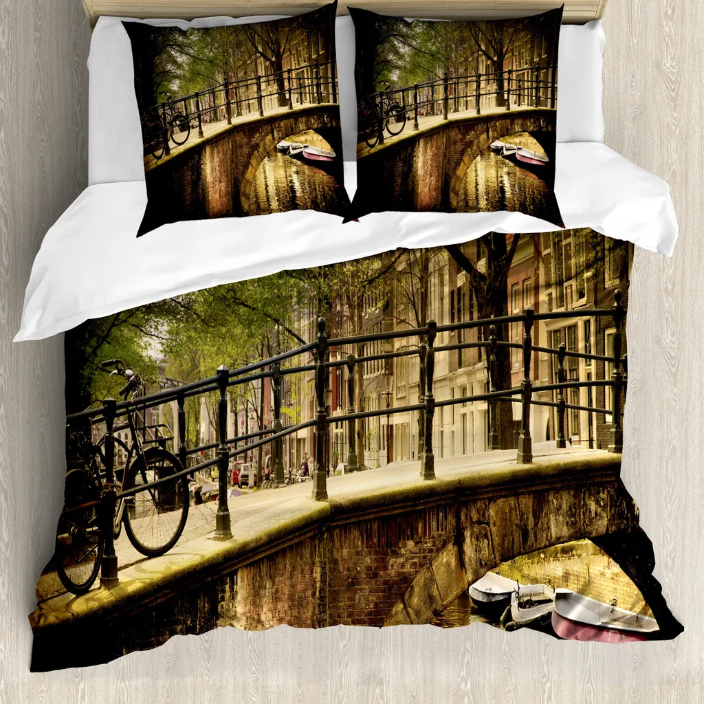 ABAKUHAUS Set copripiumino per letti matrimoniali, Romance Bridge Kanal, antiacaro, adatto a chi soffre di allergie, con federe, color crema
