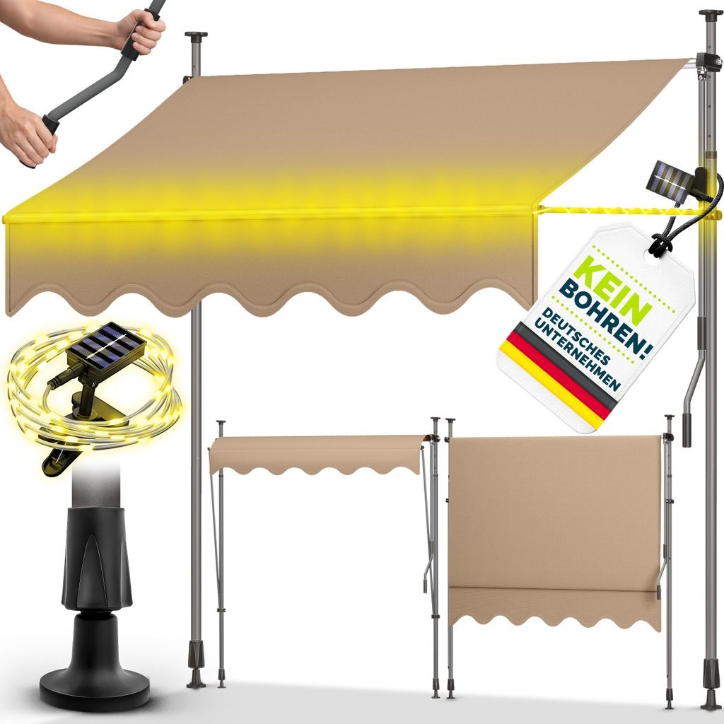 tillvex Klemmmarkise 150 cm Taupe mit Solar LED mit Handkurbel Balkon | Balkonmarkise ohne Bohren | Markise UV-beständig & höhenverstellbar | Son...