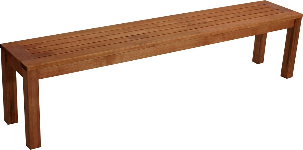 A long, rectangular wooden bench is shown against a white background.