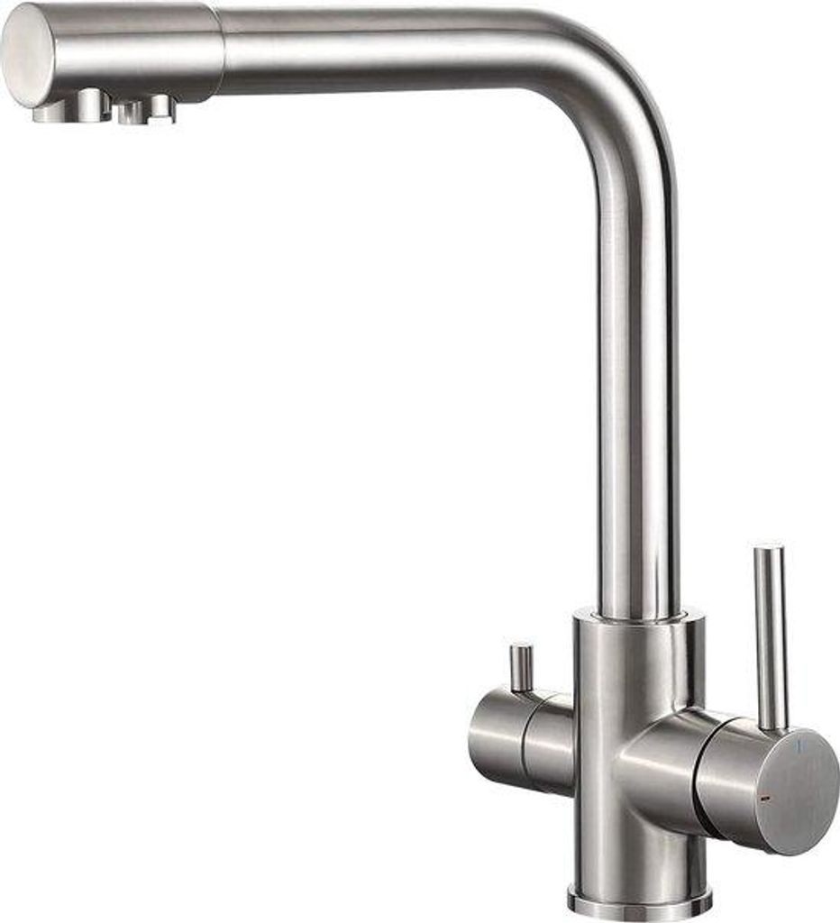 Luxus Edelstahl Küchenarmatur, 3-Wege-Wasserhahn, 360° drehbar, Doppelgriffe, separates Rohr für gefiltertes Wasser