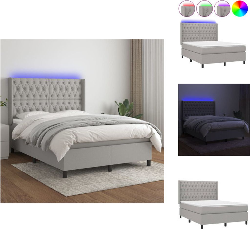 vidaXL Boxspringbett mit Matratze & LED Hellgrau 140x200 cm Stoff - Betten & Bettgestelle