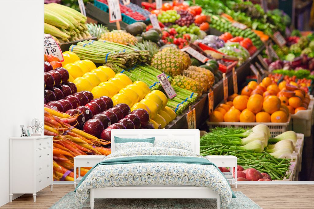 MuchoWow Fototapete für Wohnzimmer oder Schlafzimmer Wandtapete Vinyl Motivtapete Obst - Kisten - Gemüse - Amerika - 360x240 cm - Vinyl-Tapete
