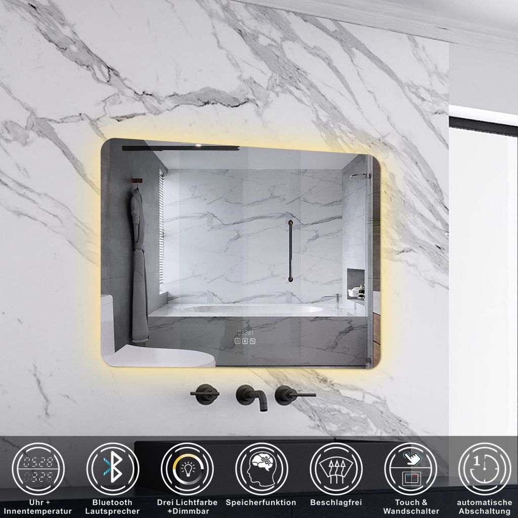 LED Badspiegel 70x50cm Rechteck Badspiegel mit Bluetooth Uhr Anti-Beschlag 3 Lichfarbe Dimmbar Badezimmerspiegel Lichtspiegel IP44