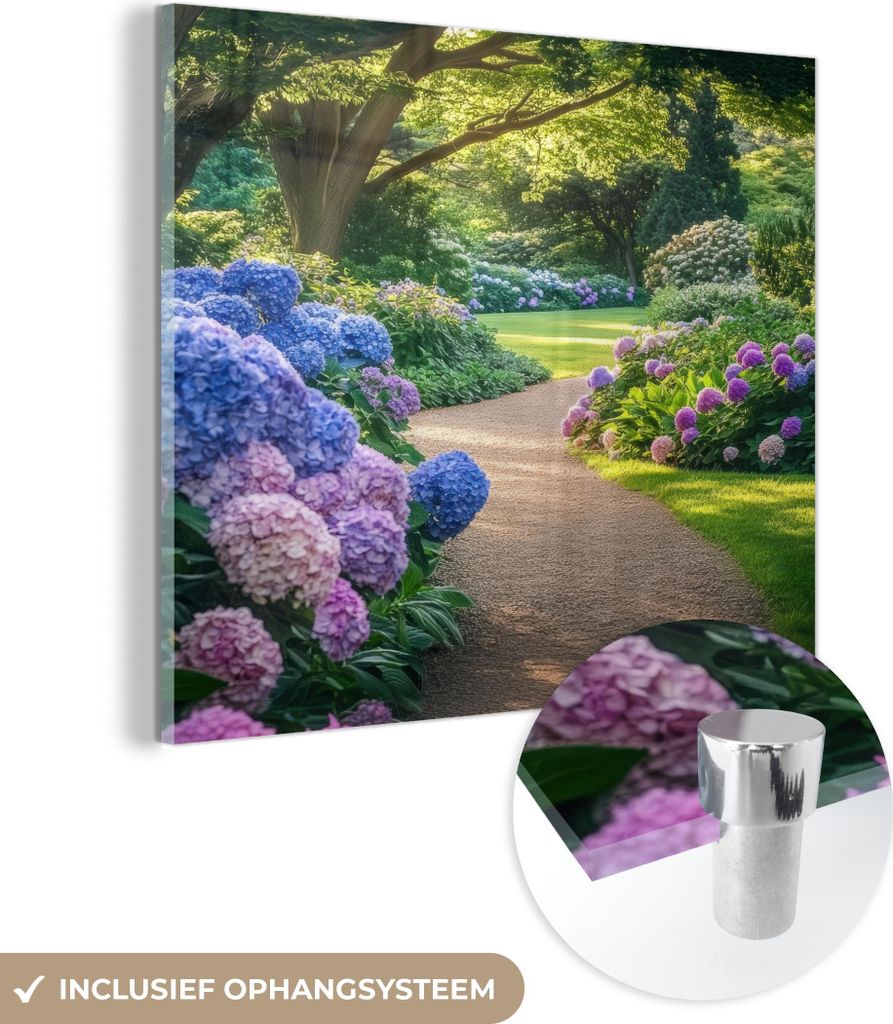 MuchoWow Glasbilder - Bilder auf Wandbild - Foto auf Glas Hortensienpark - Weg 40x40 cm Wanddekoration aus Glas - Acrylglasbild - Acrylbilder
