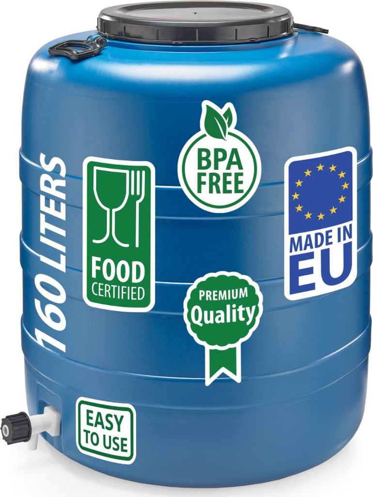 Weithalsfass Fasssilage Gepäcktonne Gärfass Gärbehälter Futtertonne 160 Liter mit Deckel Griffen und Hahn blau