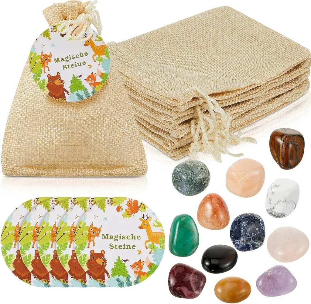 Hestya Set Di 24 Pietre Portafortuna Per Bambini – Pietre Naturali Con Tema Animali Del Bosco – Bomboniere E Regali Compleanno