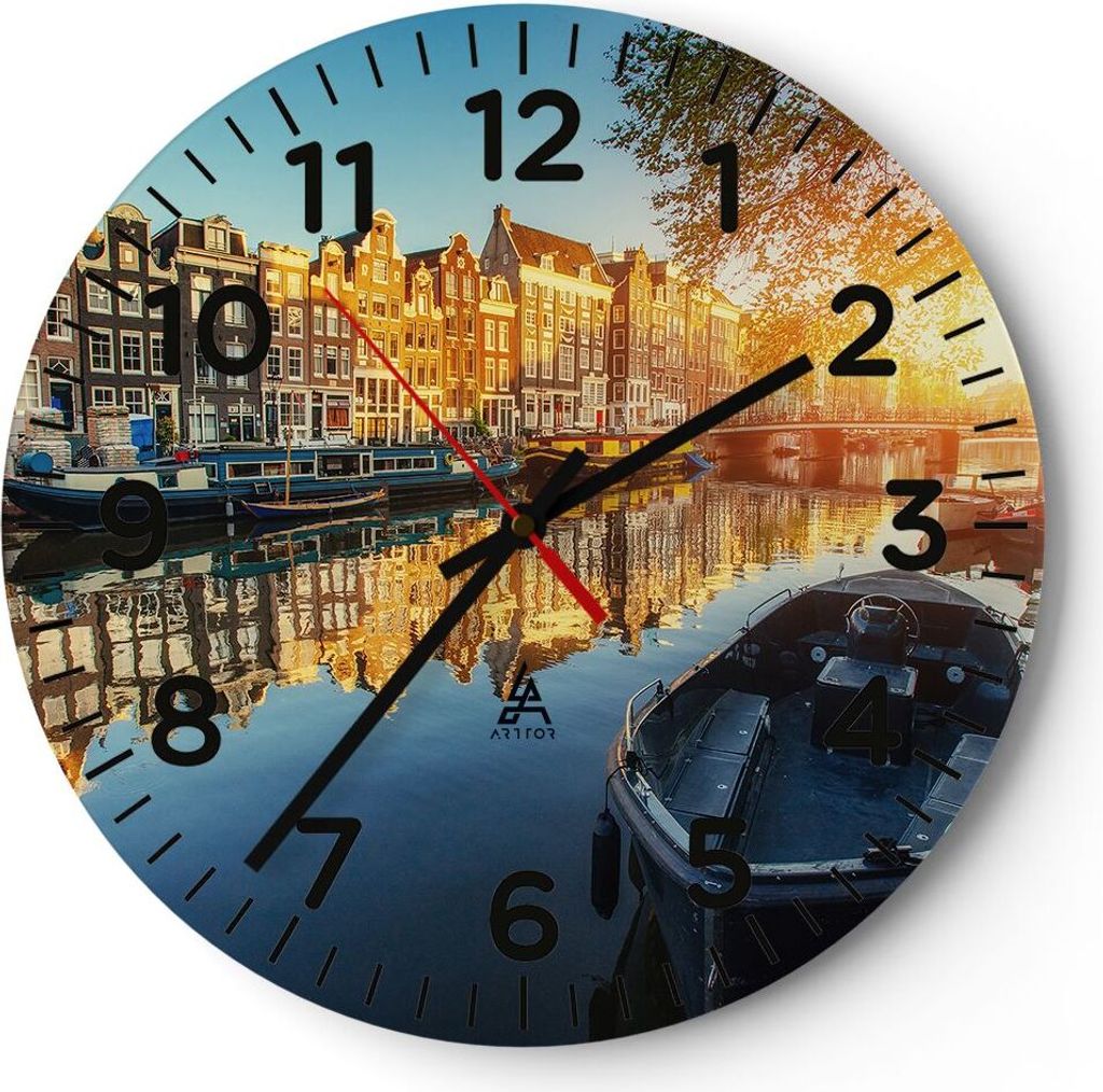 Wanduhr - Rund - Glasuhr - Kanal Boot Amsterdam Wasser - 30x30cm - Schleichendes Uhrwerk - Lautlos - zum Aufhängen bereit - Dekoration Modern - Wa...