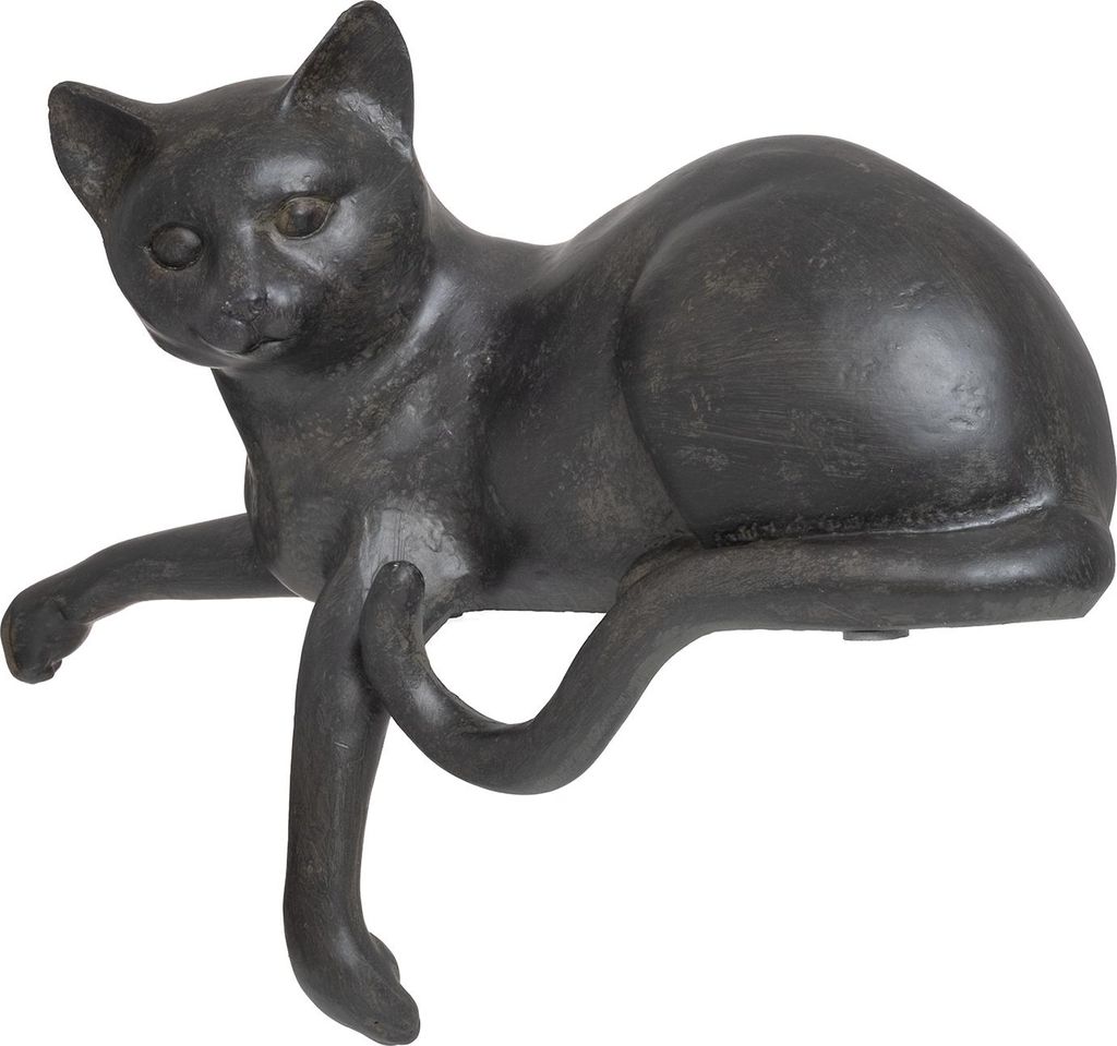 A dark-colored cat figurine is shown in a lying position, with its front paws extended over an edge.