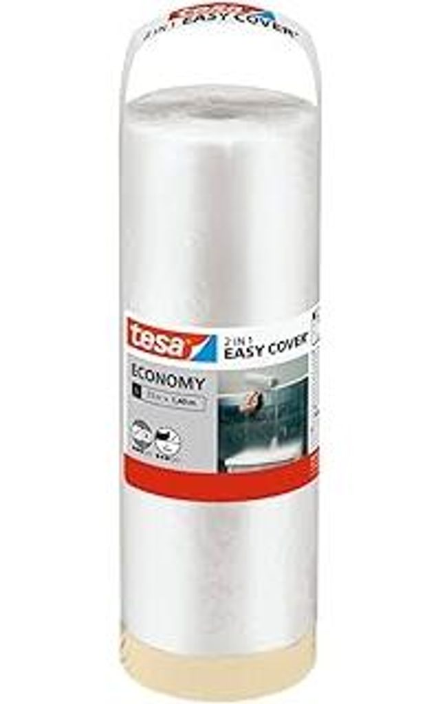tesa Easy Cover ECONOMY Folie für Malerarbeiten - 2 in 1 Malerfolie zum Abdecken und Kreppband zum Abkleben - 33 m x 140 cm