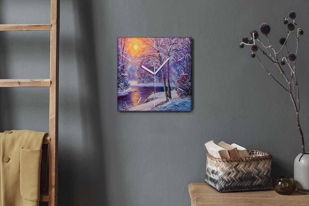Coloray Hodiny Unikátní 30x30 cm Tiché hodiny Pro obývací pokoj a kuchyň Nástěnné hodiny Plátno Bílé ručičky hodin - Sunset řeky Win...