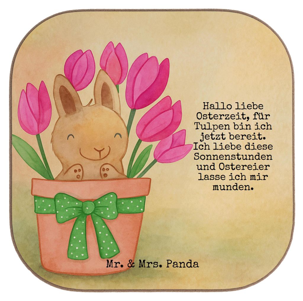 Mr. & Mrs. Panda Untersetzer Tasse Hase Tulpen Design - Weiß - Geschenk, Glas, Quadratischer, Blumenstrauß, Ostern, Alternative zu Blumen, gläse...