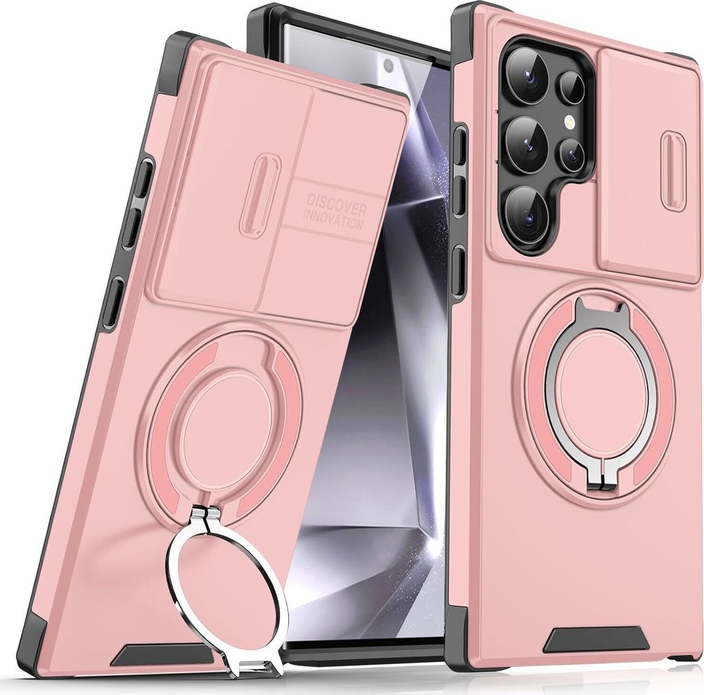 Handyhülle für Samsung Galaxy S23 Ultra Dual-Layer Stoßfest Militär Hülle mit Dia Kameraschutz und Magnetisch Ring Ständer Pink