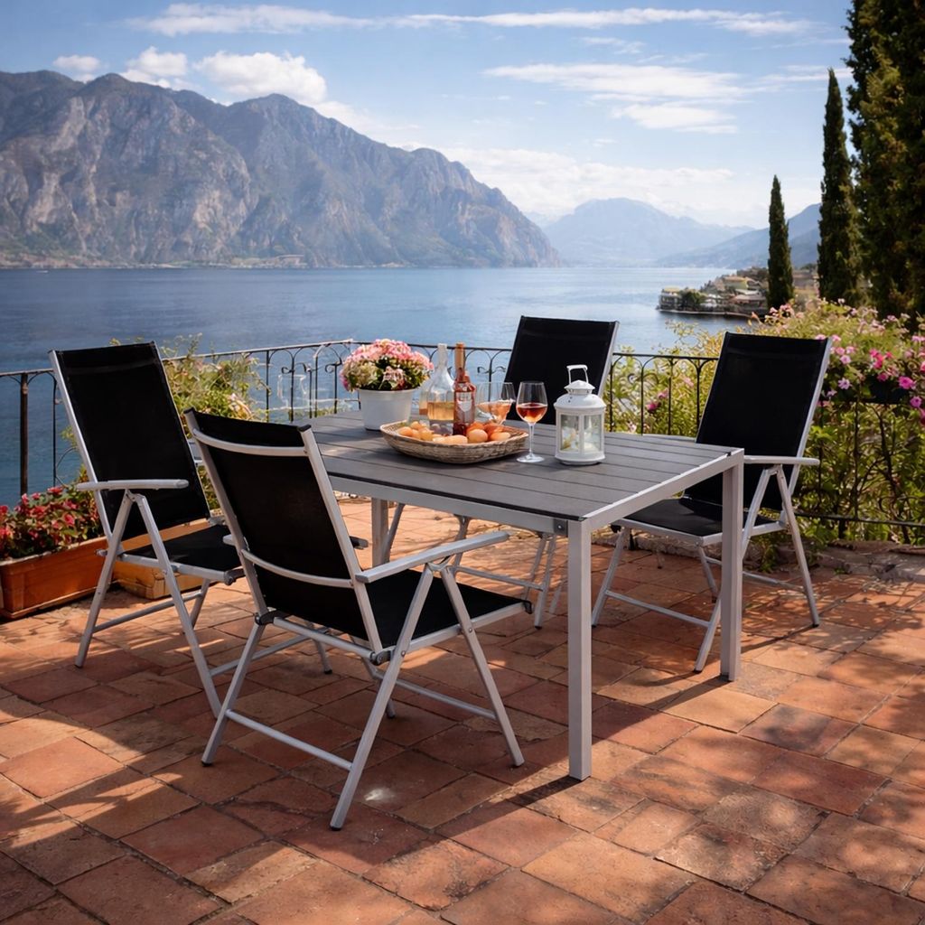 5tlg Gartenmöbel Set Alu Non-Wood 180x90x74cm + 4 Klappstühle Silber