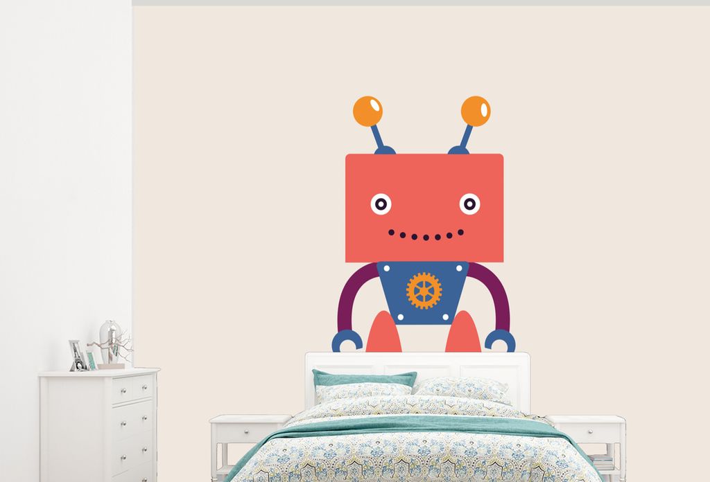 MuchoWow Fototapete für Wohnzimmer oder Schlafzimmer Wandtapete Vinyl Motivtapete Roboter - Getriebe - Gesicht - Antenne - Kinder - Jungen - 375...