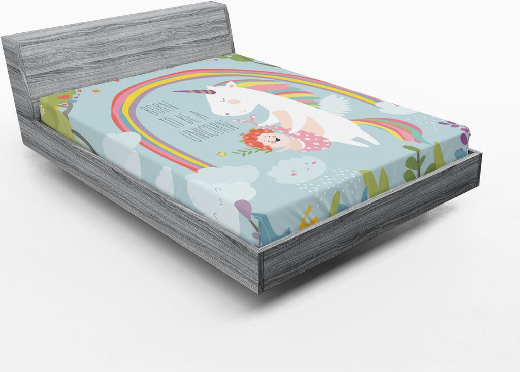 ABAKUHAUS Kindisch Spannbetttuch, Born A Unicorn Beschriftung mit Kleinkind Märchenregenbogen Nebelwald zu sein, 120 x 190 cm, Mehrfarbig