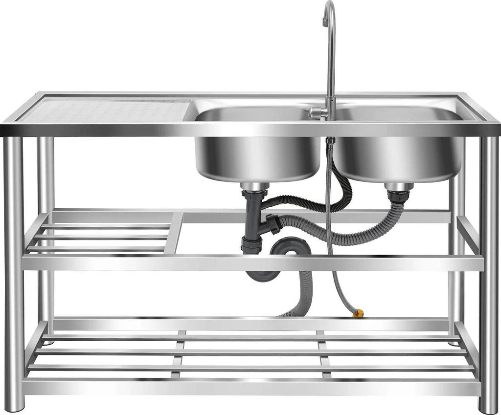 Gastro Spüle - Doppelbecken freistehend - 201 Edelstahl - 3 Ablageebenen - Wasserhahn 360° - 120×45×80 cm - Traglast 100 kg - Silber