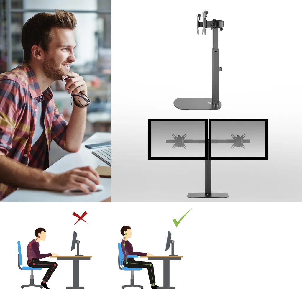 Support double moniteur ACT AC8332 à vérin à gaz, inclinaison +/-90°