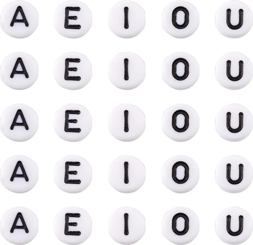 Perles Plates Alphabet 7mm Acrylique Blanc Disque Voyelles pour Bijoux