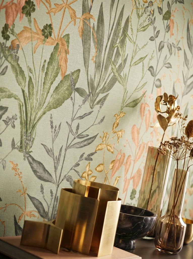 Newroom Vliestapete Novira Grün Blumen, Wohnbeispiel