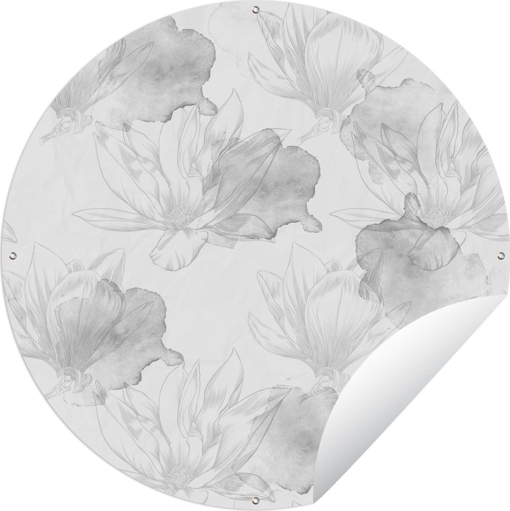 MuchoWow Gartenposter Outdoor-Poster Rund Frühling Illustration Magnolienblüten - schwarz und weiß Ø 150 cm Gartendeko Rundes Poster draußen