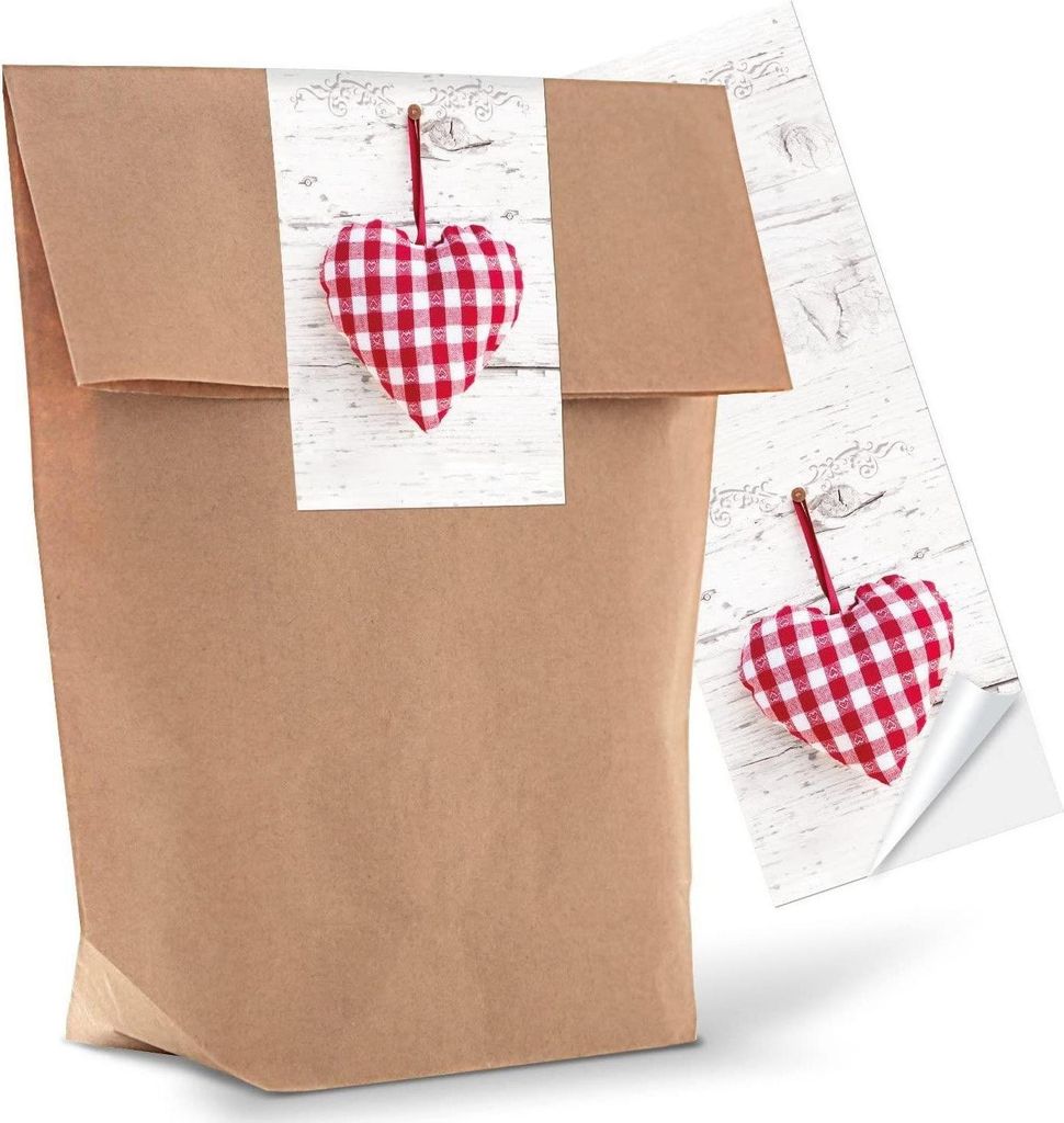 25 kleine braune natur Geschenktüten Papier-Tüten + beschreibbare Aufkleber WEISS KLEEBLATT Glücksbringer 14 x 22 x 5,6 cm Verpackung Geschenk H...