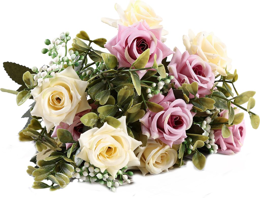 Bunter künstlicher Rosenstrauß mit grünen Blättern, gelocktem Rand, realistisch, wiederverwendbar, nicht verwelkend, für Zuhause, Hochzeit, Pa...