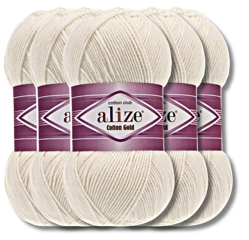 Alize 5x 100g Baumwolle Gold Wolle, Uni, Häkeln, Stricken (Light Cream | 62)