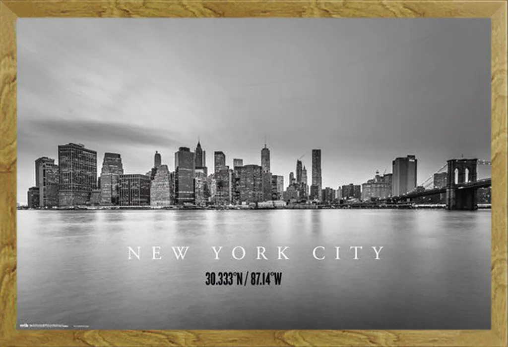New York - Poster - Skyline della città + cornice rimovibile, Shinsuke® Maxi MDF oak, vetro acrilico