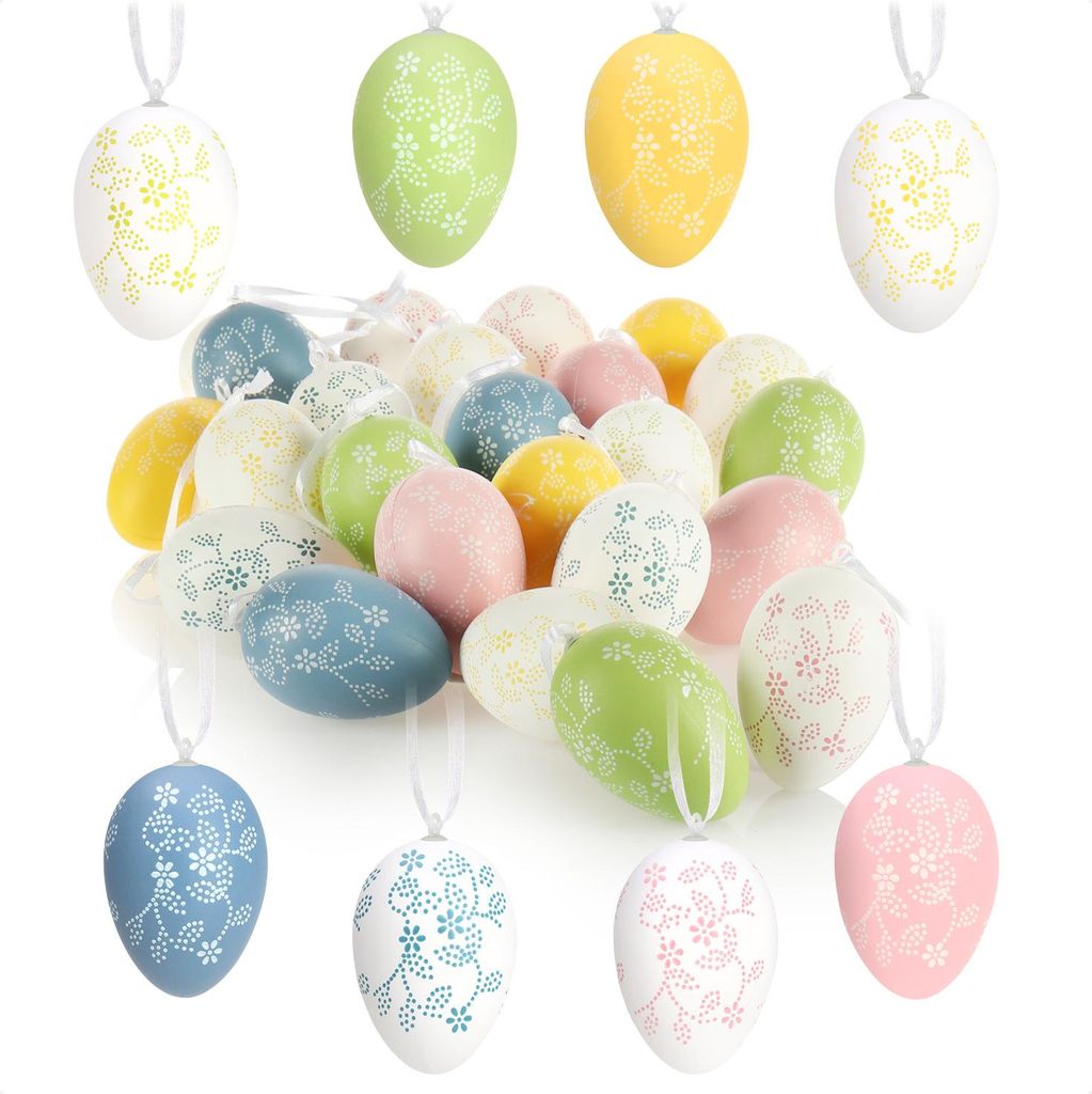 com-four 24x Dekoaufhänger Ostern - Oster-Eier aus Kunststoff zum Aufhängen - Aufhänger für den Osterstrauß - Eier in bunten Farben mit Blum...