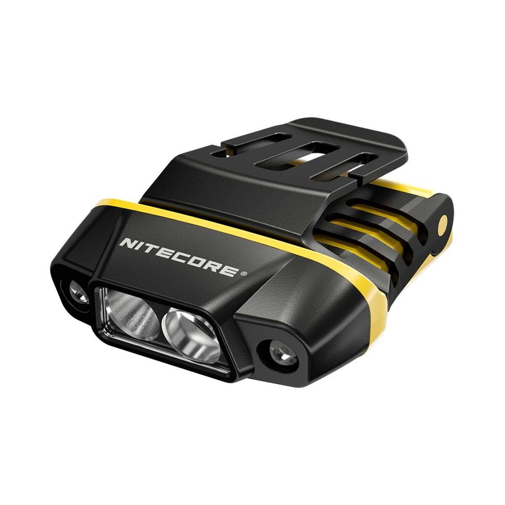 A black and yellow Nitecore NU11 headlamp is shown against a white background.