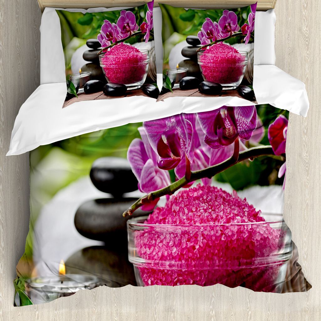 ABAKUHAUS Spa Bettbezug, Schwarze Steine Asian, Milbensicher Allergiker geeignet mit Kissenbezügen, 155 cm x 220 cm - 80 x 80 cm, Fuchsia Schwarz ...