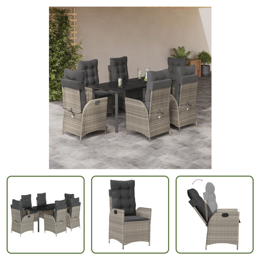 The Living Store 7-tlg. Garten-Essgruppe mit Kissen Hellgrau Poly Rattan