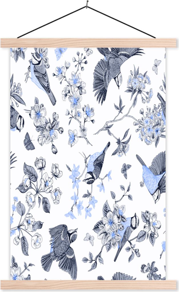 MuchoWow Textilposter Blumen - Vogel - Blau 60x90 cm mit holzfarbenen Rahmen - Textil