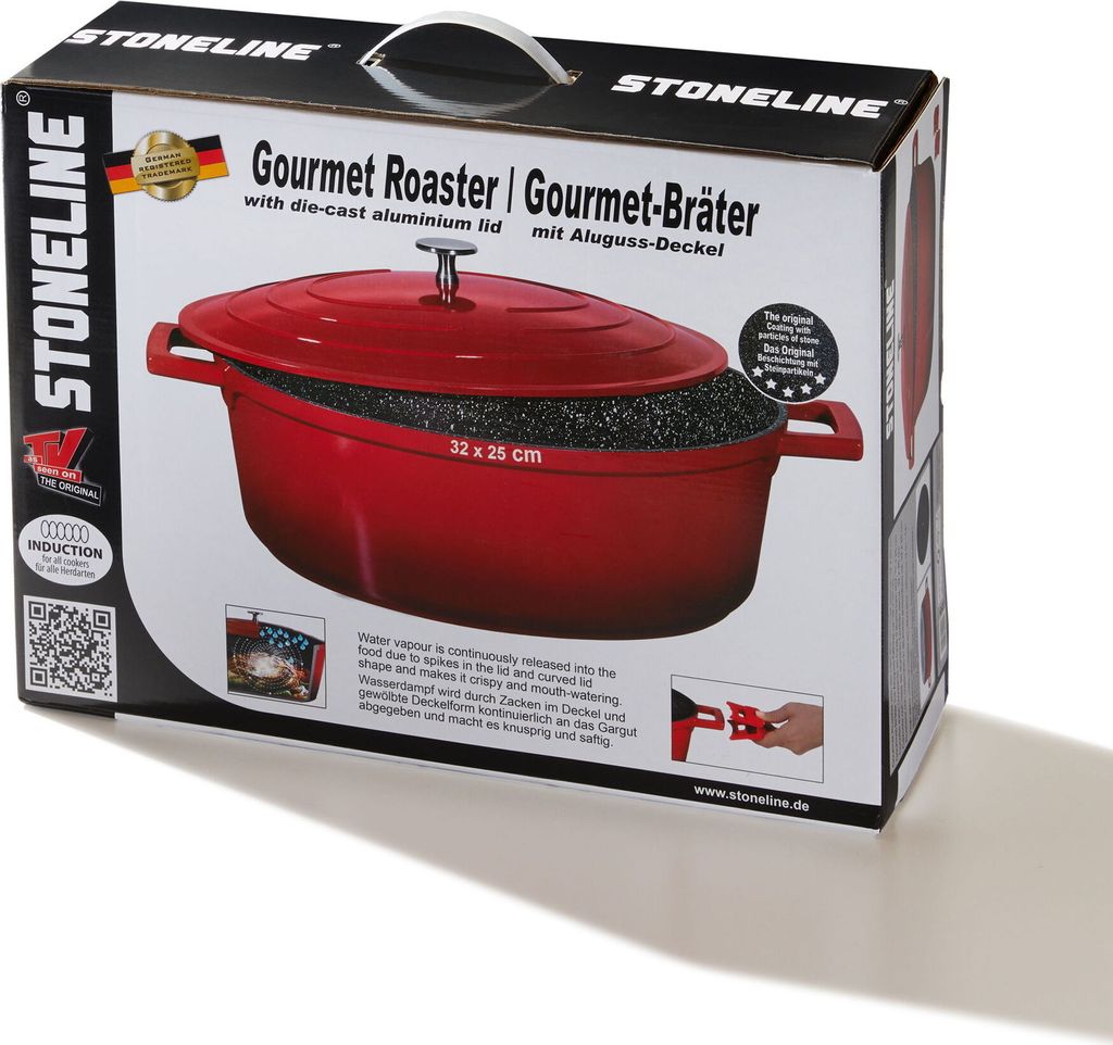 The image shows the retail packaging for a Stoneline Gourmet Roaster.