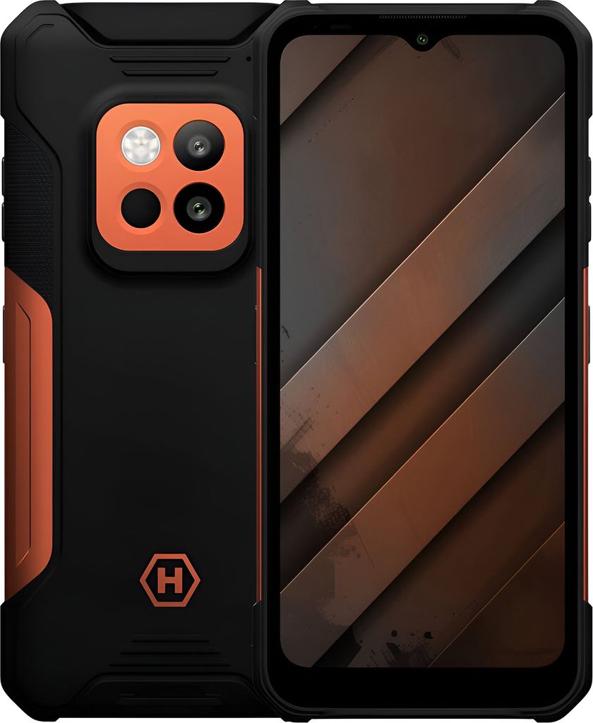 A rugged smartphone with an orange accent and a dual-camera system is shown against a black background.