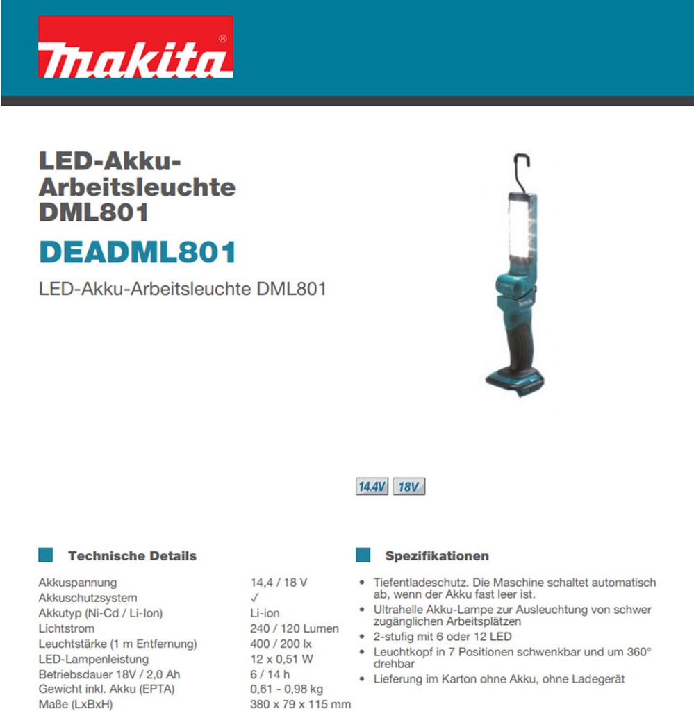 A product information sheet for a Makita LED work light, showing the product image and technical specifications.