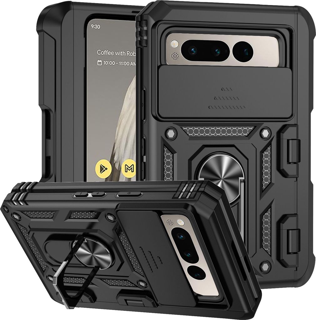 A black phone case with a ring holder and camera cover is displayed from multiple angles.