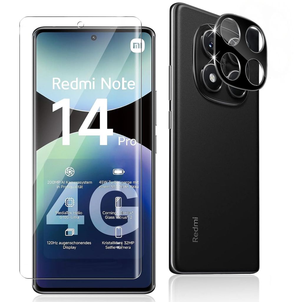 CLM-Tech 2er Set Schutzfolie kompatibel mit Xiaomi Redmi Note 14 Pro 4G - 1X Weichfolie + 1X Kameraschutz Kameraglas Panzerglas Displayschutz 9H Gl...