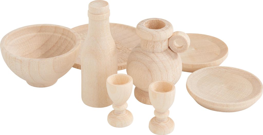 Miniatur-Geschirr-Set aus Holz, 8-tlg., für Puppenhaus & Kaufmannsladen, H 1,6-4,0 cm, Ø 1,0-4,6 cm
