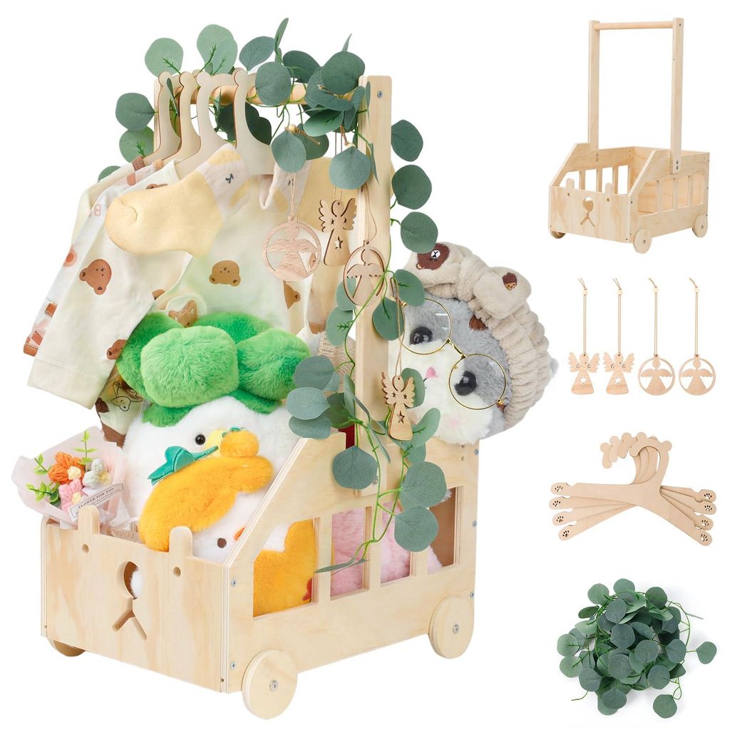 Schwangerschaftsgeschenk mit Griff, Wickelkorb mit Holzrädern, Kinderkiste aus Holz, Babygeschenk, Geschenkkorb, Babykorb, Geschenk mit dekorative...