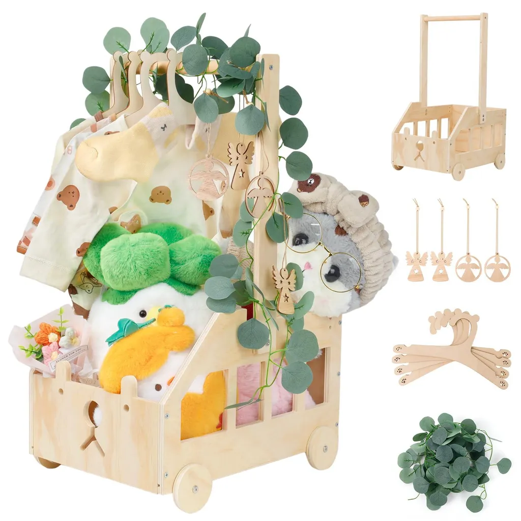Panier à langer à roulettes en bois pour nouveau-né et cadeau naissance