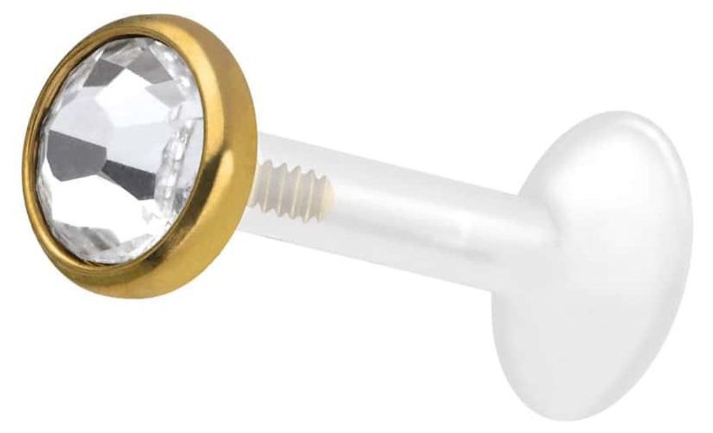 Ohrpiercing, Nasenpiercing PTFE Labret mit Innengewinde + Titan-Aufsatz KRISTALLDISC Gold Stablänge: 6mm | Stabstärke: 1,6mm | Discgröße: 5mm