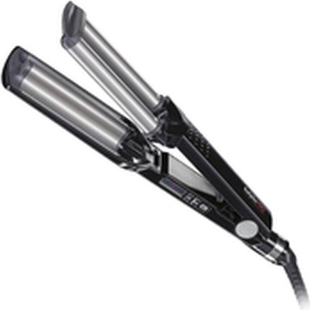 A black and silver curling iron is shown against a white background.