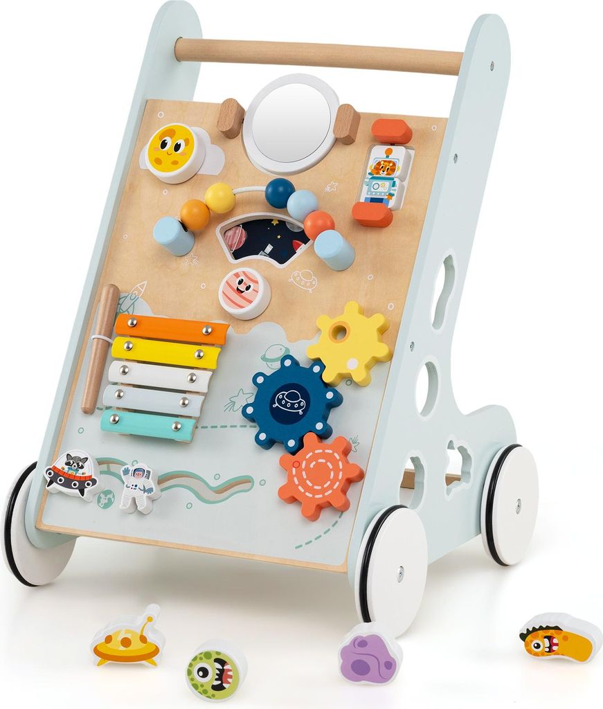 DREAMADE Lauflernwagen Holz, Lauflernhilfe ab 1 Jahr mit Spiegel & Spielbrett, Montessori Gehhilfe Gehfrei Baby Holzspielzeug(Grün)