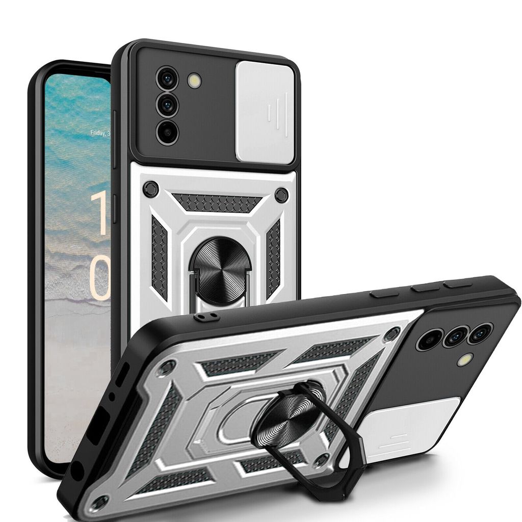 Outdoor Panzer Hülle Nokia G11 G21 Handyhülle mit Slide Kameraschutz Ringhalter Silber